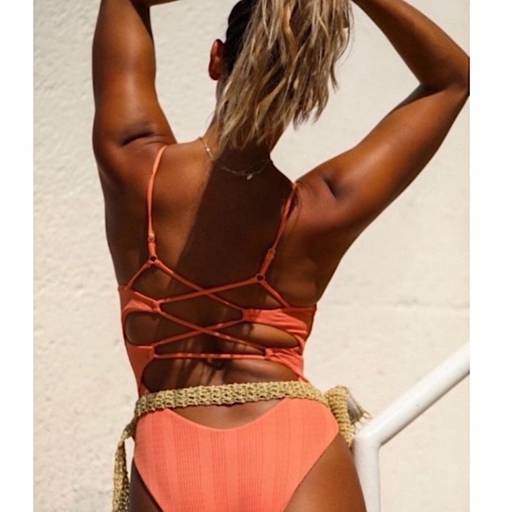 L*Space Sunset Orange Gianna One Piece Pointelle Rib Swimsuit - 6 Small